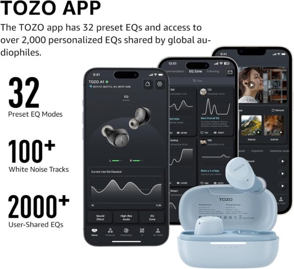 TOZO A1 Wireless Earbuds Bluetooth 5.3 Light-Weight in Ear IPX5 Waterproof Headphones 2 Mic for AI Calls, Immersive Premium Sound Bass Headset with Charging Case, 32 Presets EQ Customization via App - Image 6