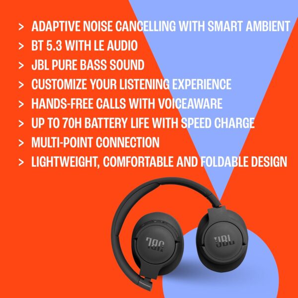 JBL Tune 770NC - Adaptive Noise Cancelling with Smart Ambient Wireless Over-Ear Headphones, Bluetooth 5.3, Up to 70H Battery Life with Speed Charge, Lightweight, Comfortable & Foldable Design (Black) - Image 7